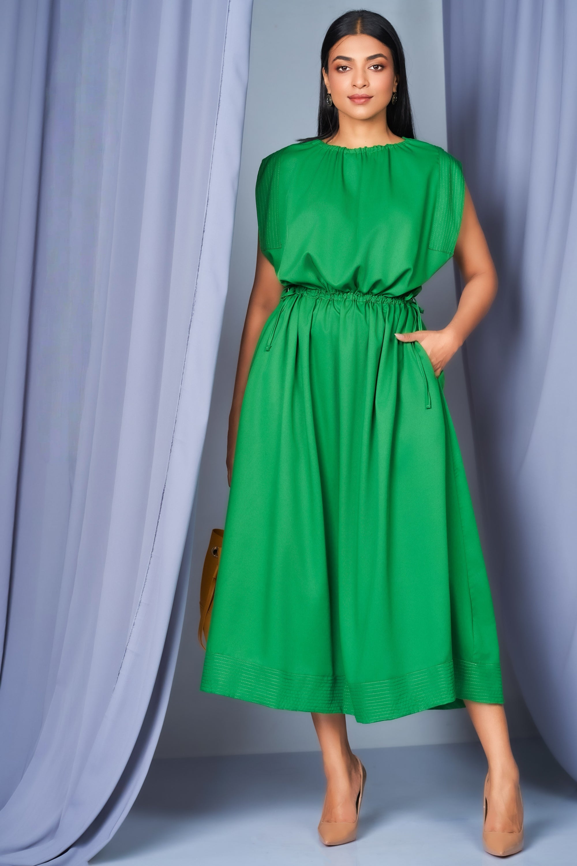 Gathered Detail Stretchy Midi Knit Dress