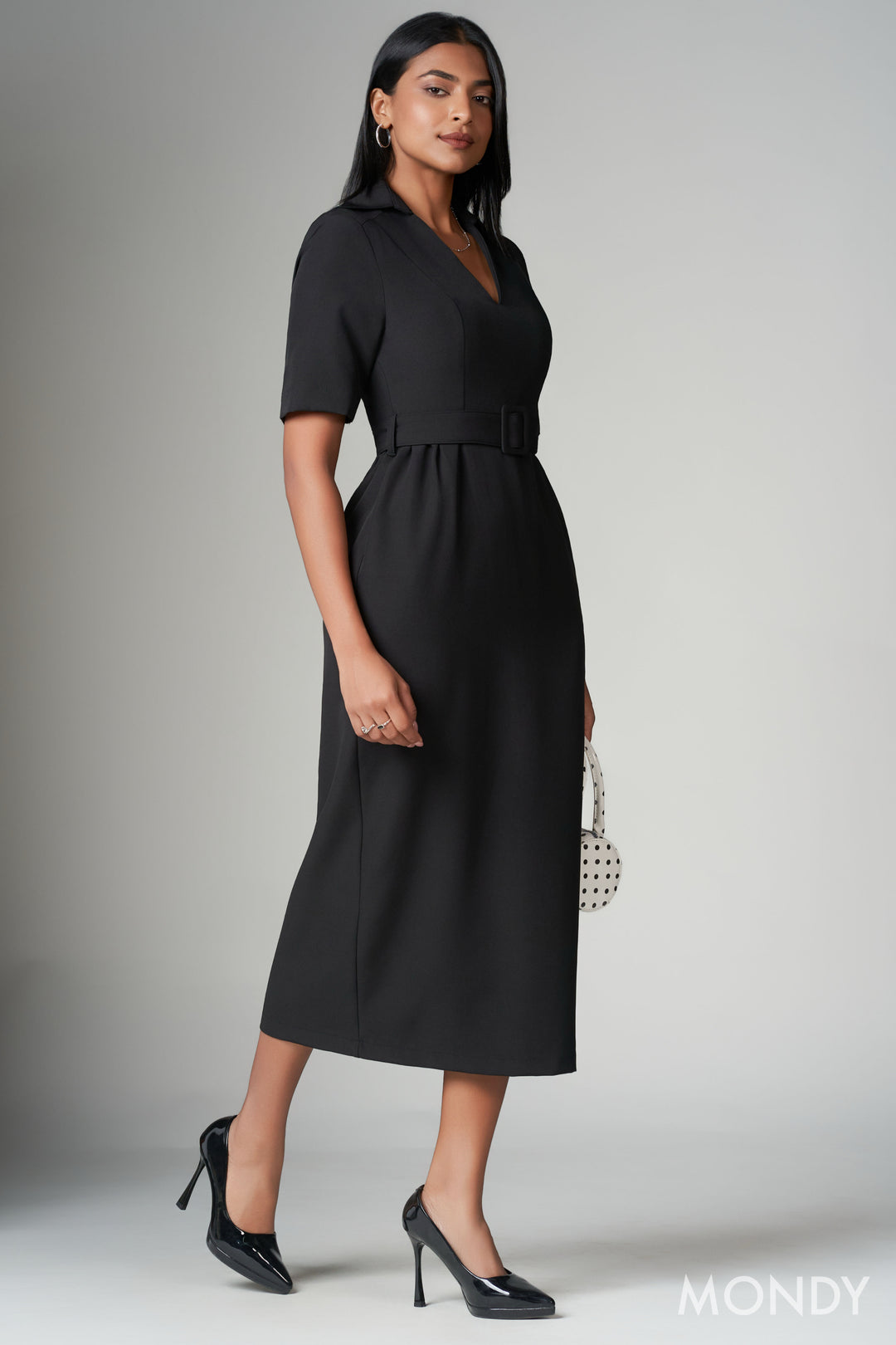Belted V Neck Midi Dress