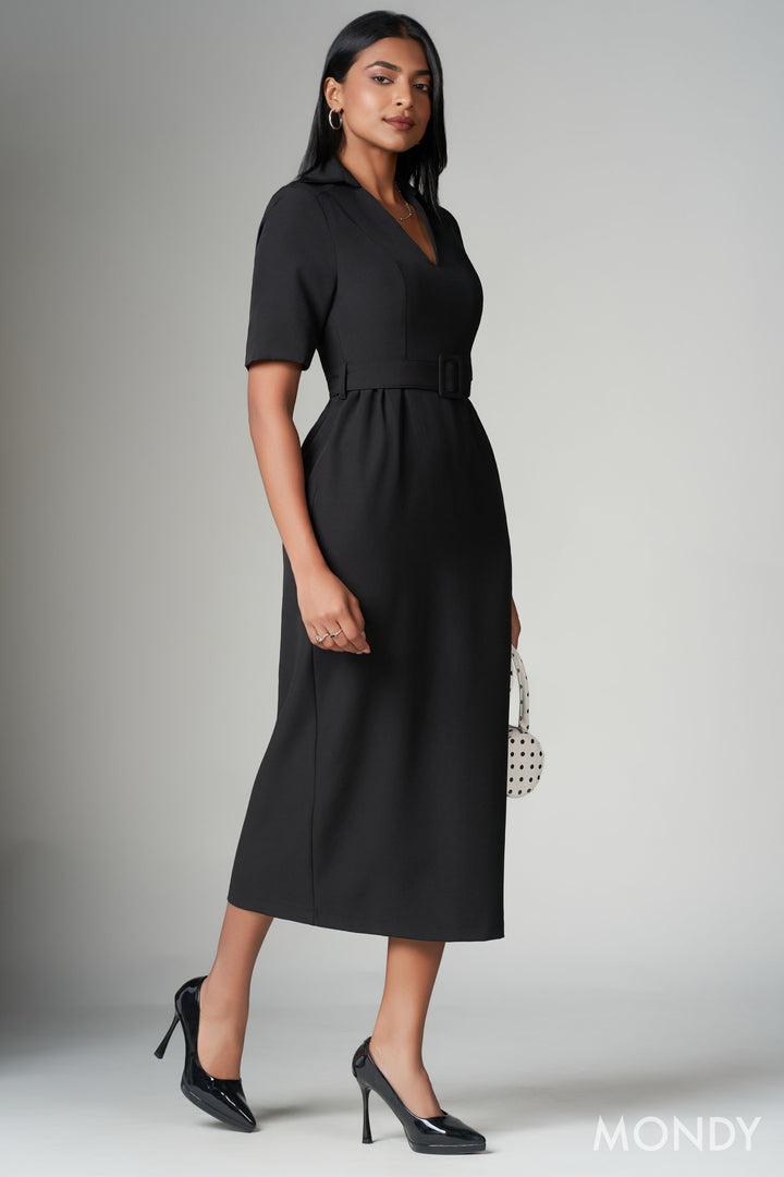 Belted V Neck Midi Dress