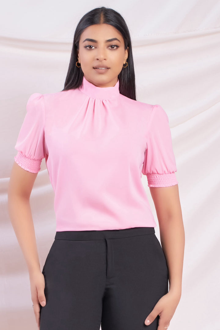 Pink High Neck Puff Sleeve Top