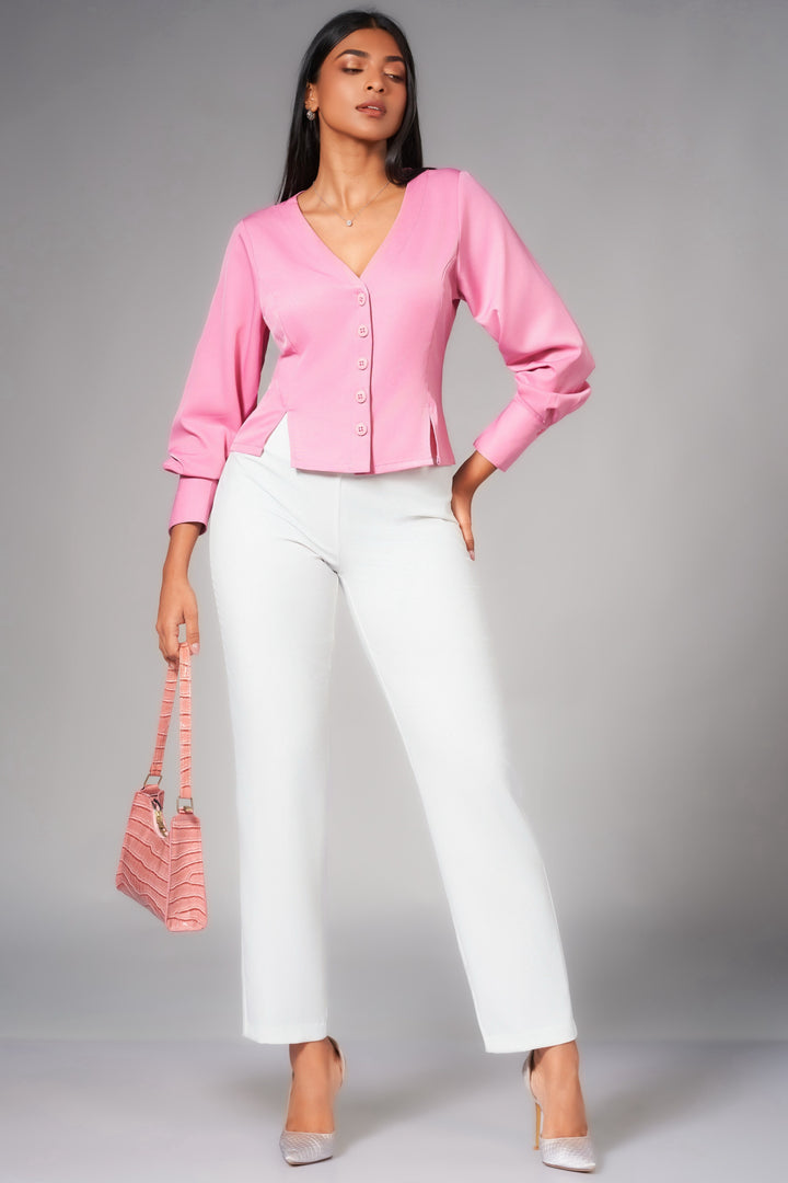 Front Button V Neck Top