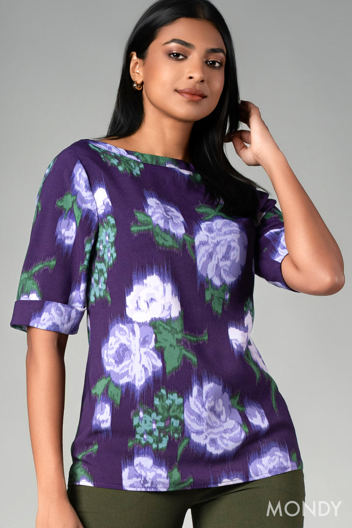Printed Boat Neck Top