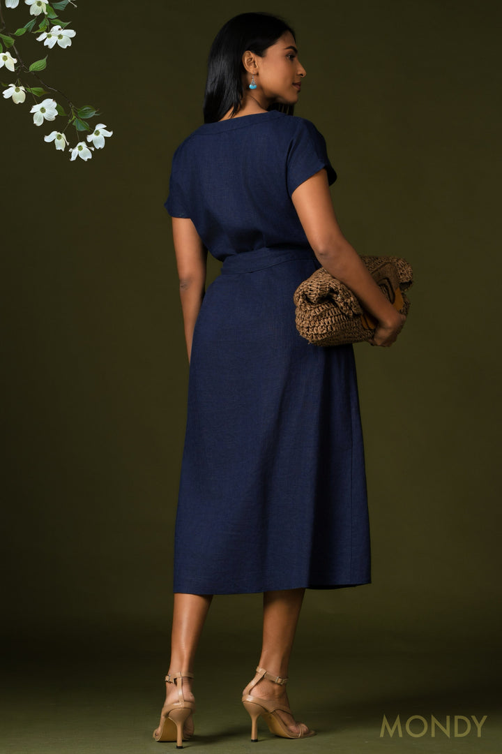 V Neck Tie Waist Midi Dress