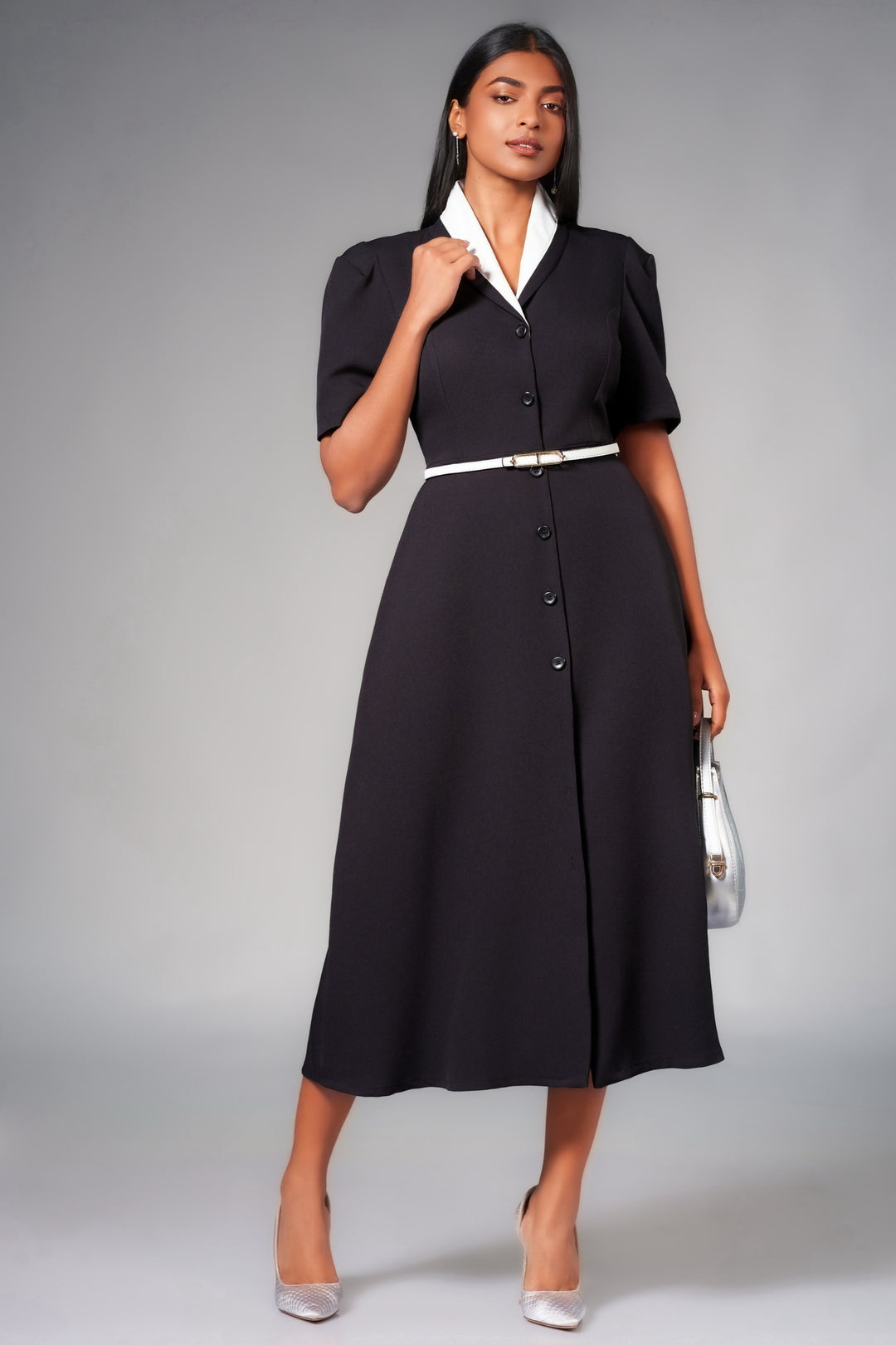 White Contrast Midi Dress