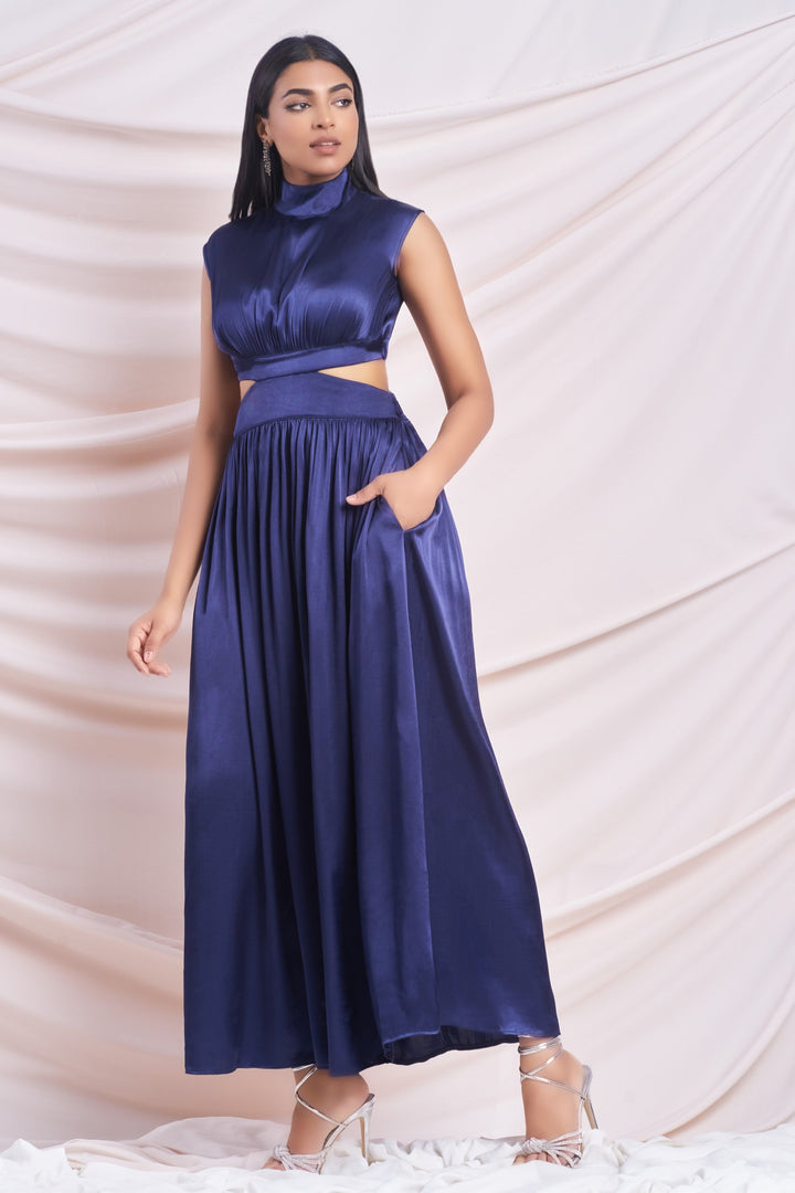 Navy Satin Cut-Out Maxi Dress