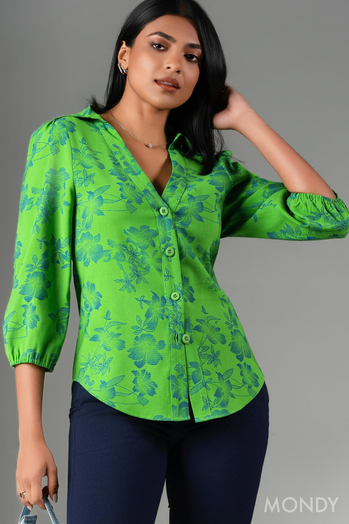 Printed Shirt Collar Top