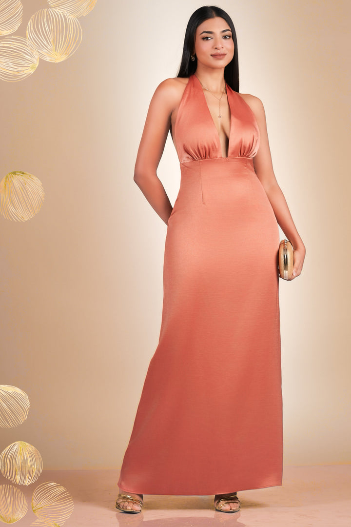 Peach Deep Neck Maxi Dress