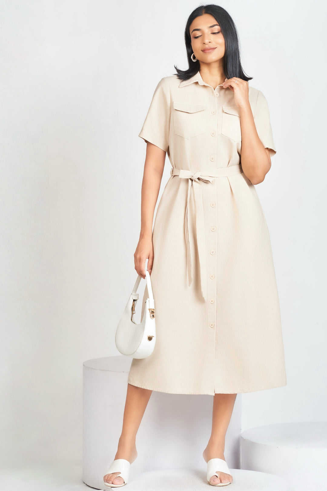 beige midi shirt dress Beige 100% Cotton Button-Down Midi Shirt Dress 70" / Tall (5'7" and above)