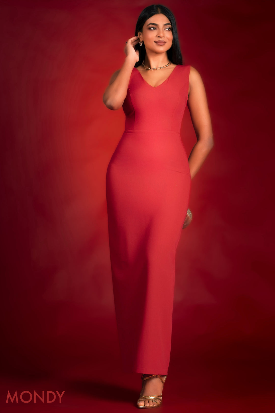 Red V Neck Bodycon Maxi Dress