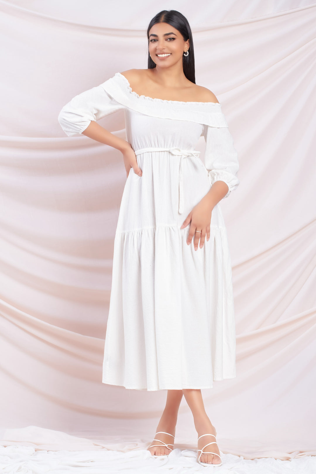 White Off Shoulder Midi Dress