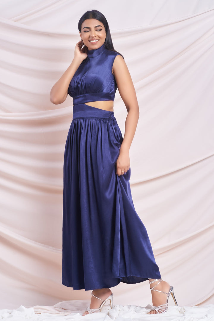 Navy Satin Cut-Out Maxi Dress