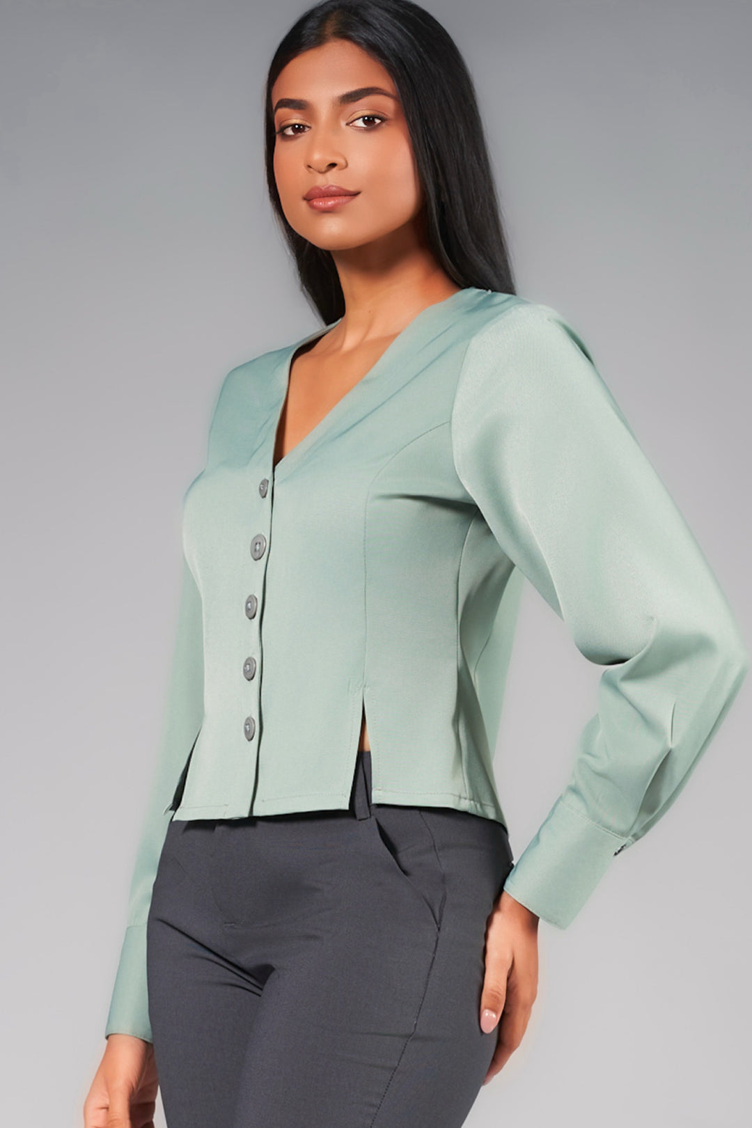 Front Button V Neck Top