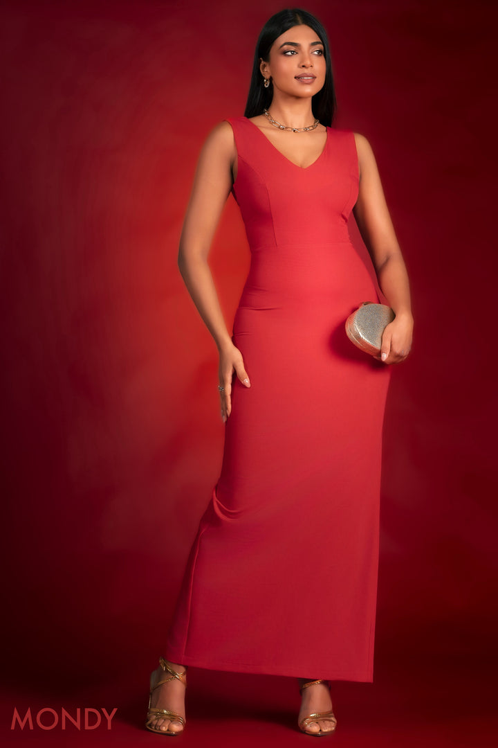 Red V Neck Bodycon Maxi Dress