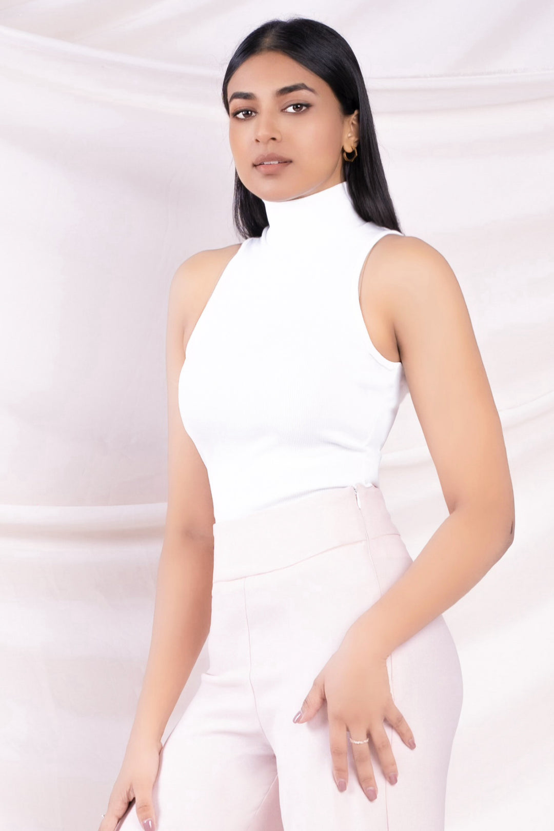 White High Neck Rib Top