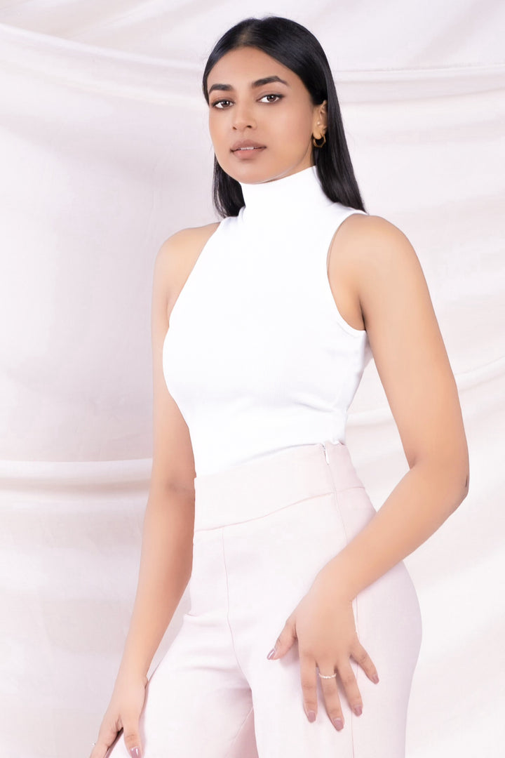 White High Neck Rib Top