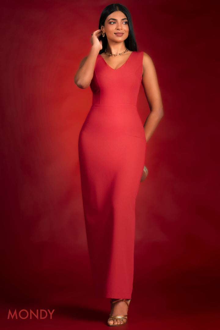 Red V Neck Bodycon Maxi Dress