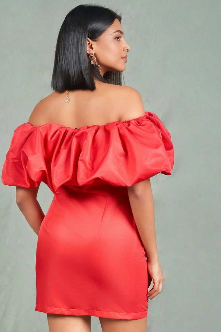 Red Off Shoulder Puff Dress