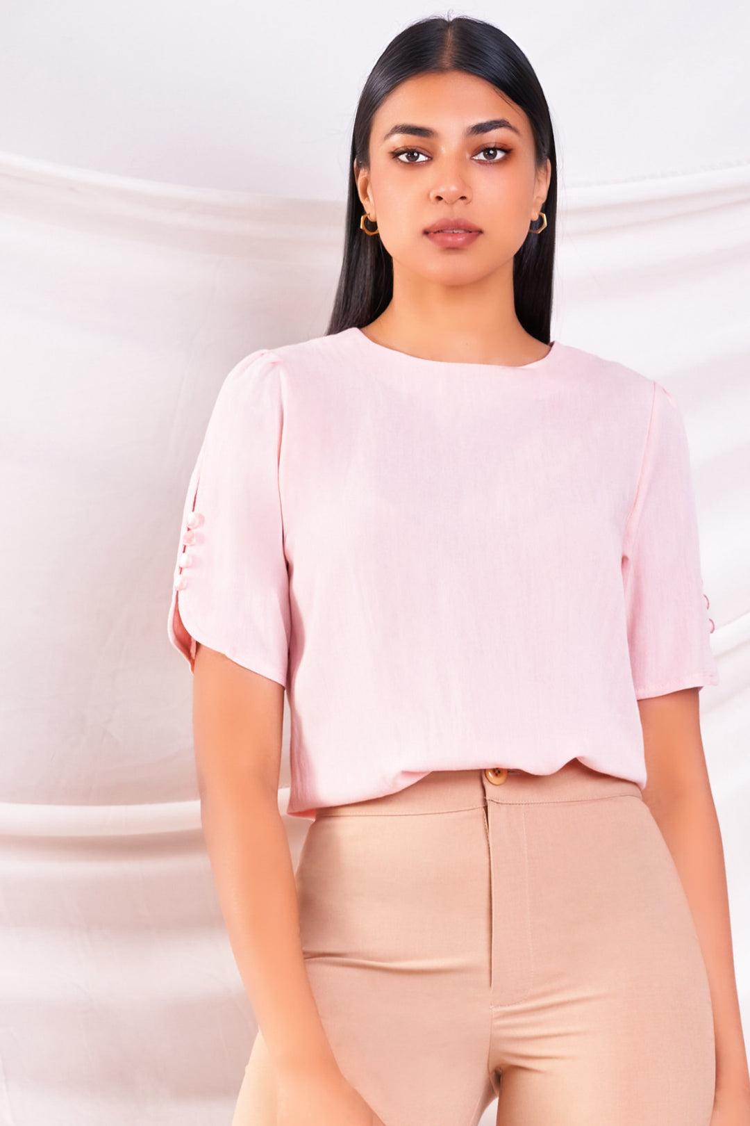 Pink Button Sleeve Detail Top