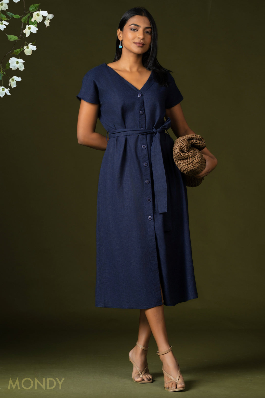 V Neck Tie Waist Midi Dress