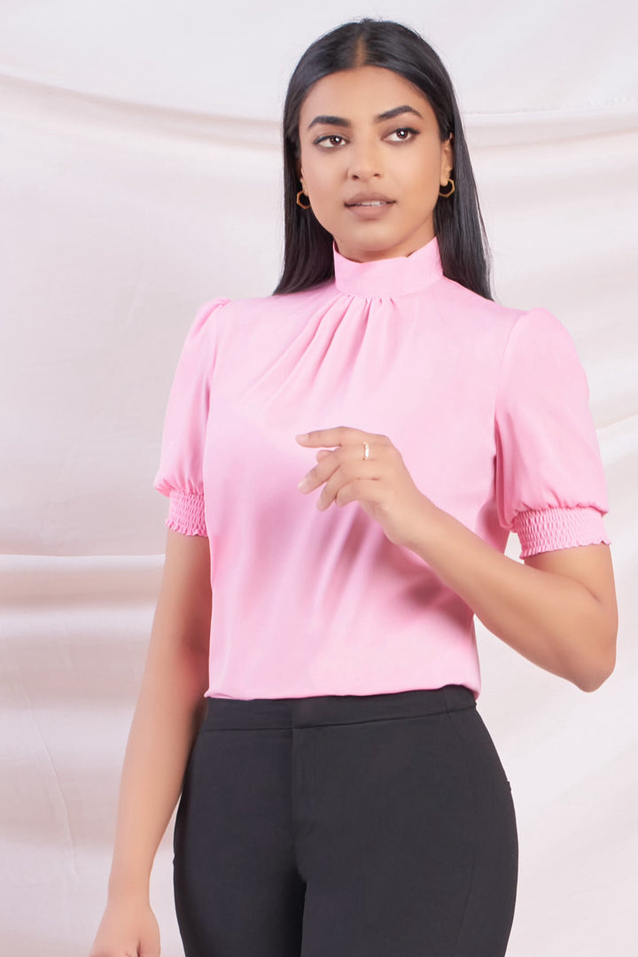 Pink High Neck Puff Sleeve Top