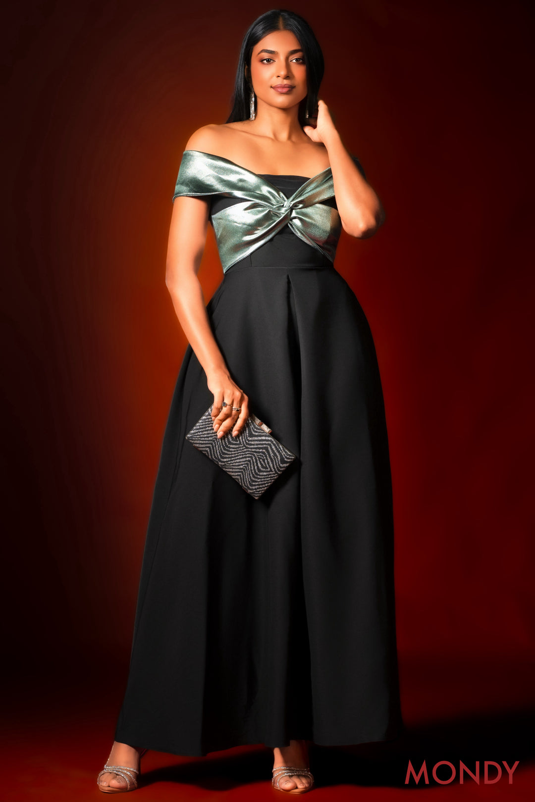 Metallic Green Off Shoulder Dress