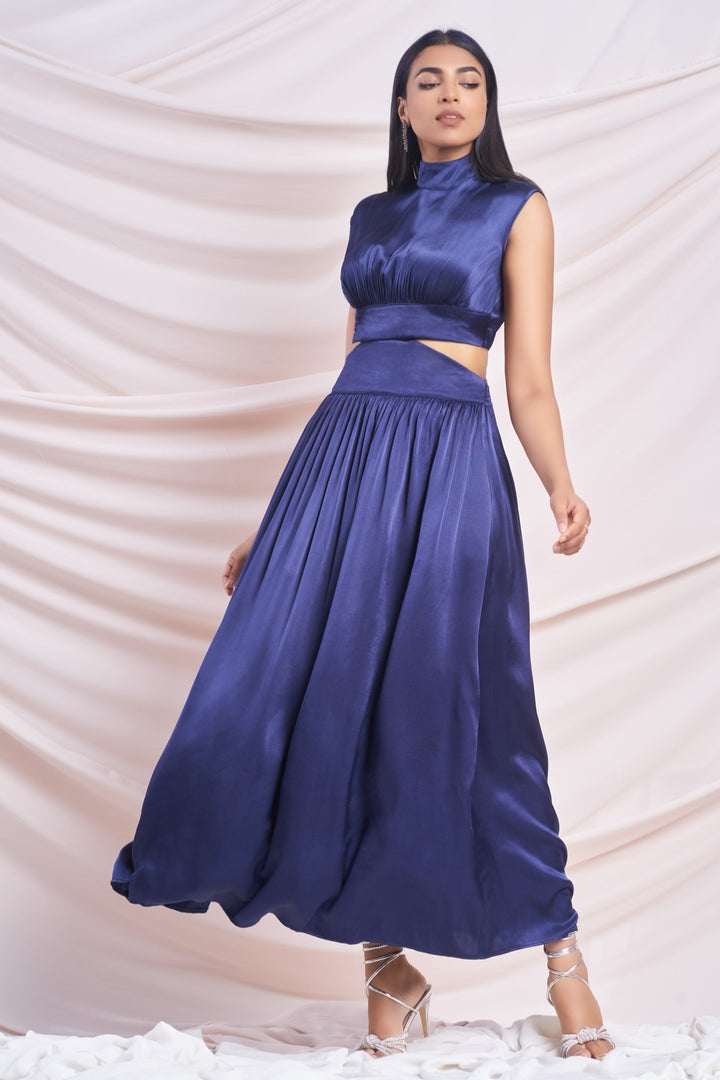 Navy Satin Cut-Out Maxi Dress