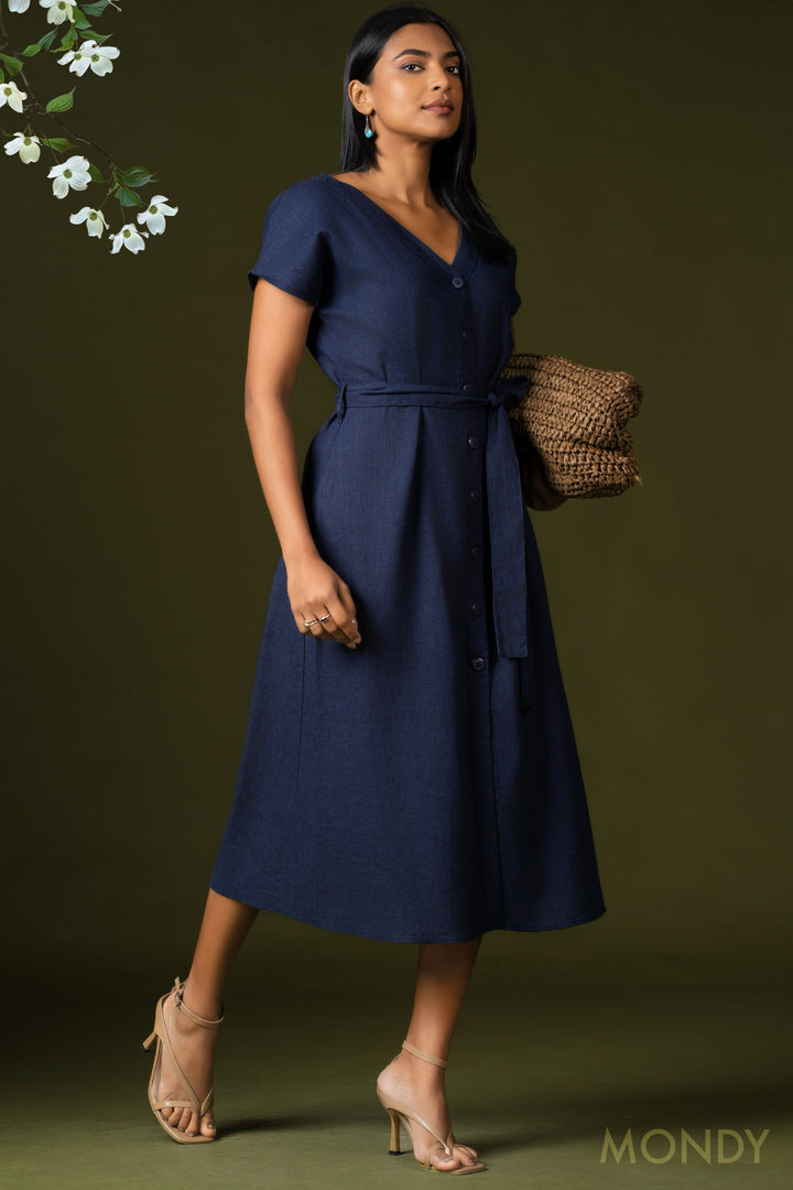 V Neck Tie Waist Midi Dress