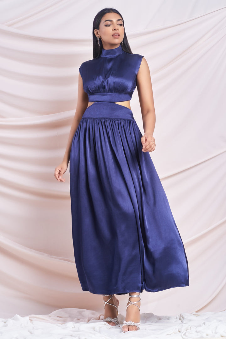 Navy Satin Cut-Out Maxi Dress