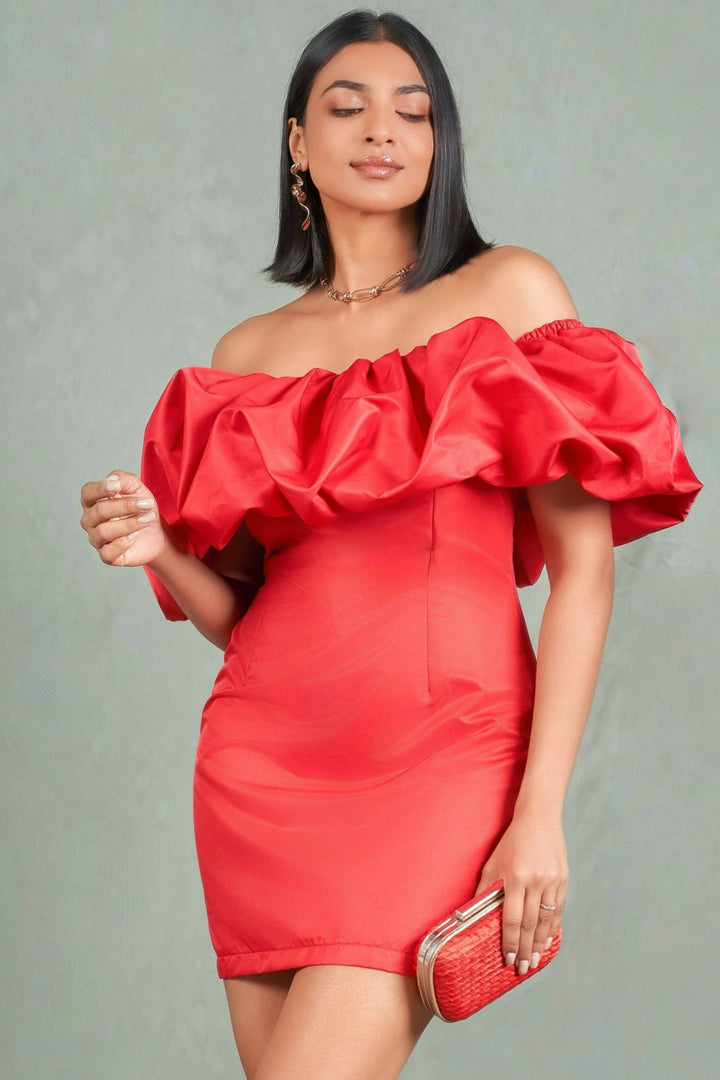 Red Off Shoulder Puff Dress