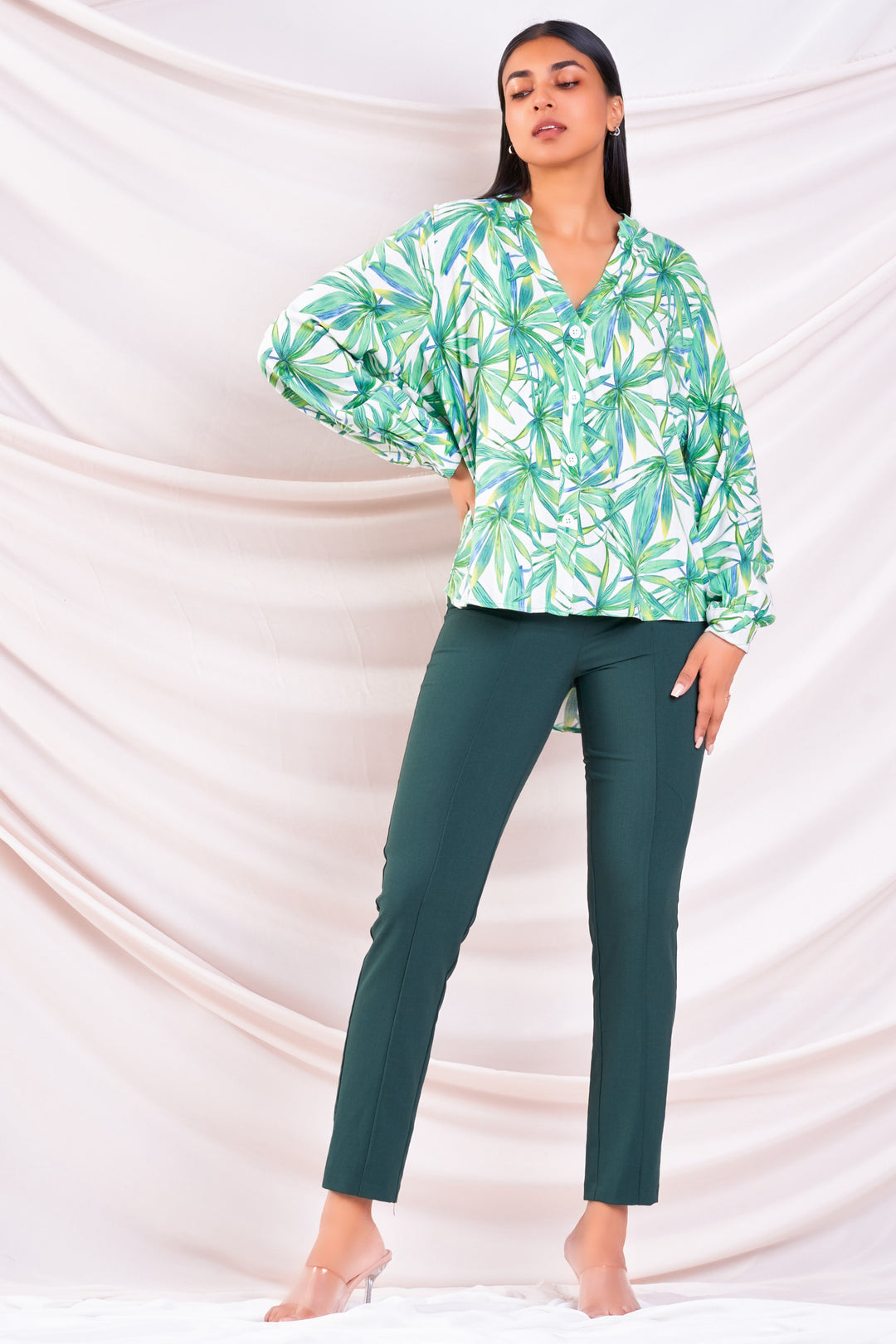 Green Printed Button Up Top