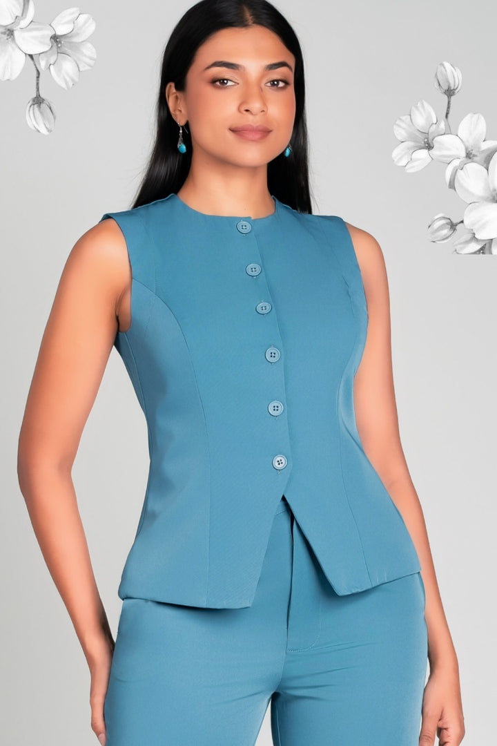 Blue Round Neck Waistcoat