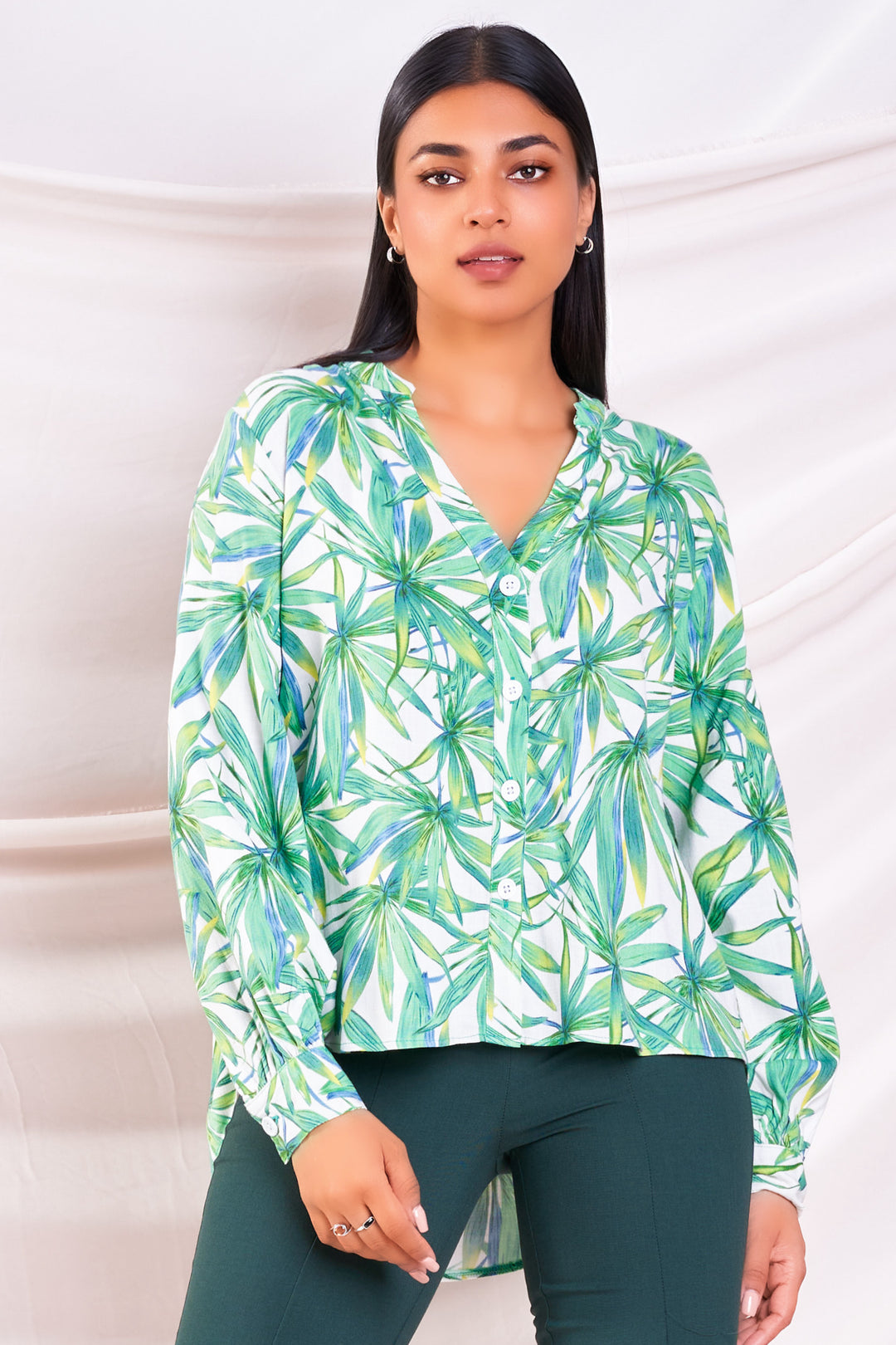 Green Printed Button Up Top