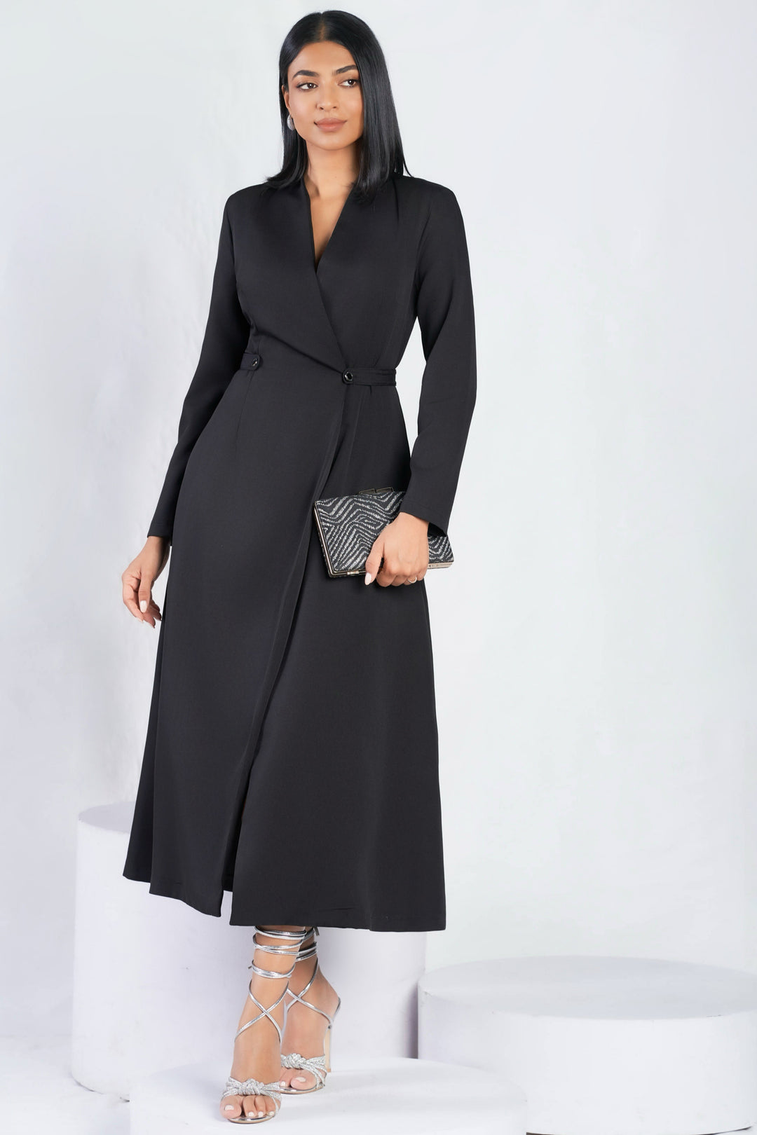Black Wrap Style Midi Dress