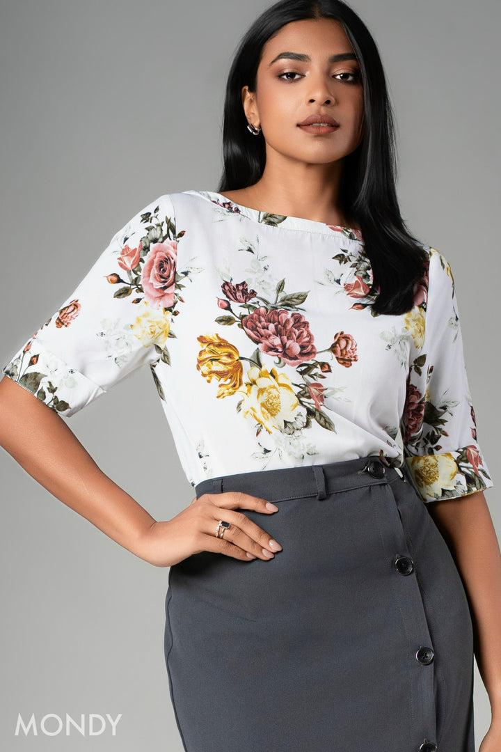 Printed Boat Neck Top