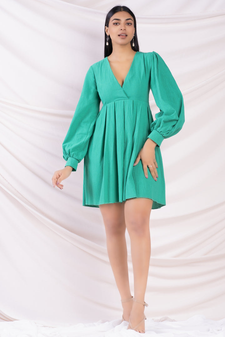 Green Balloon Sleeve Mini Dress