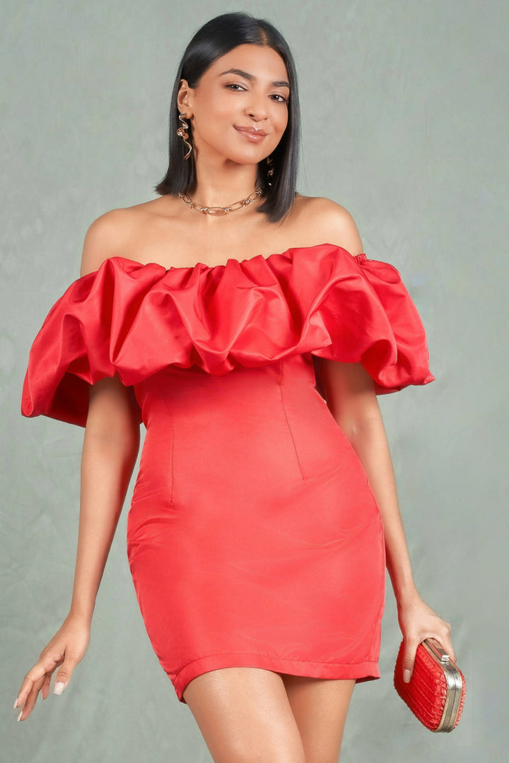 Red Off Shoulder Puff Dress