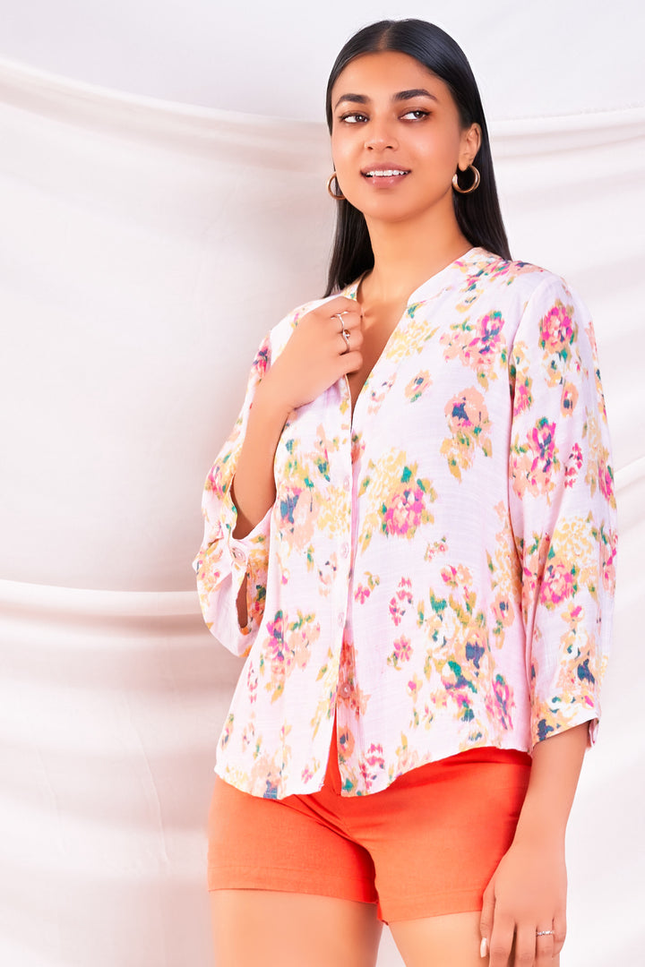 Pink Printed Button Up Top