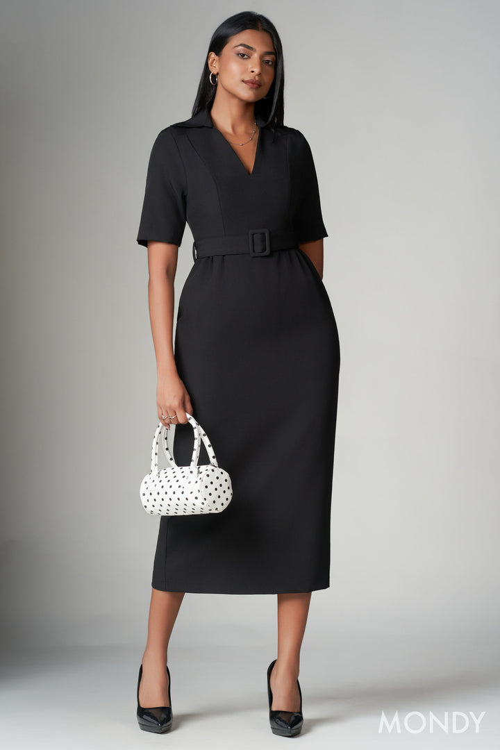 Belted V Neck Midi Dress
