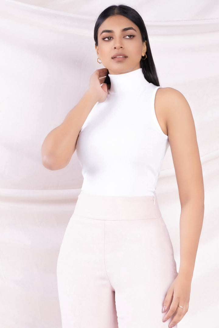 White High Neck Rib Top