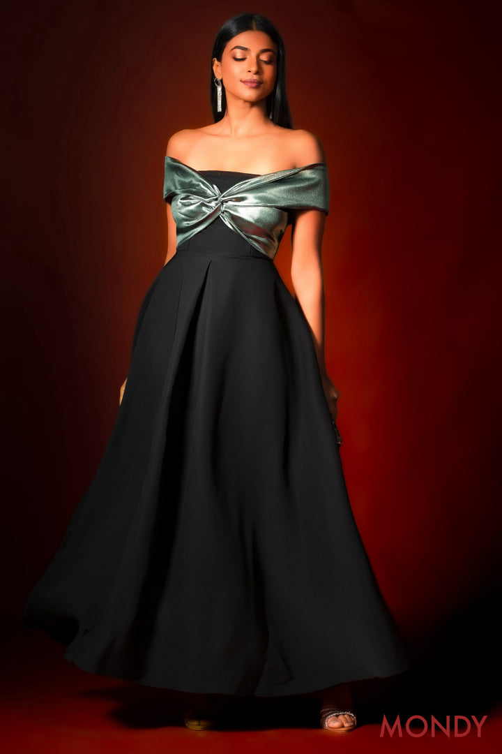 Metallic Green Off Shoulder Dress