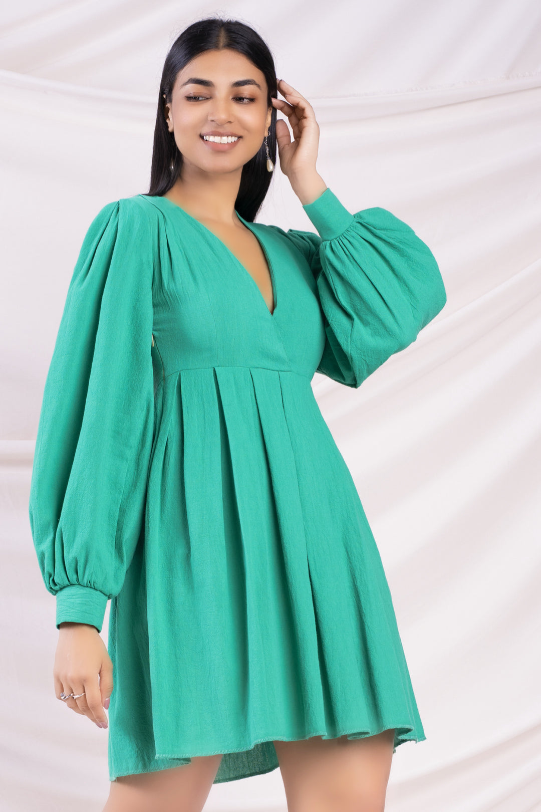 Green Balloon Sleeve Mini Dress