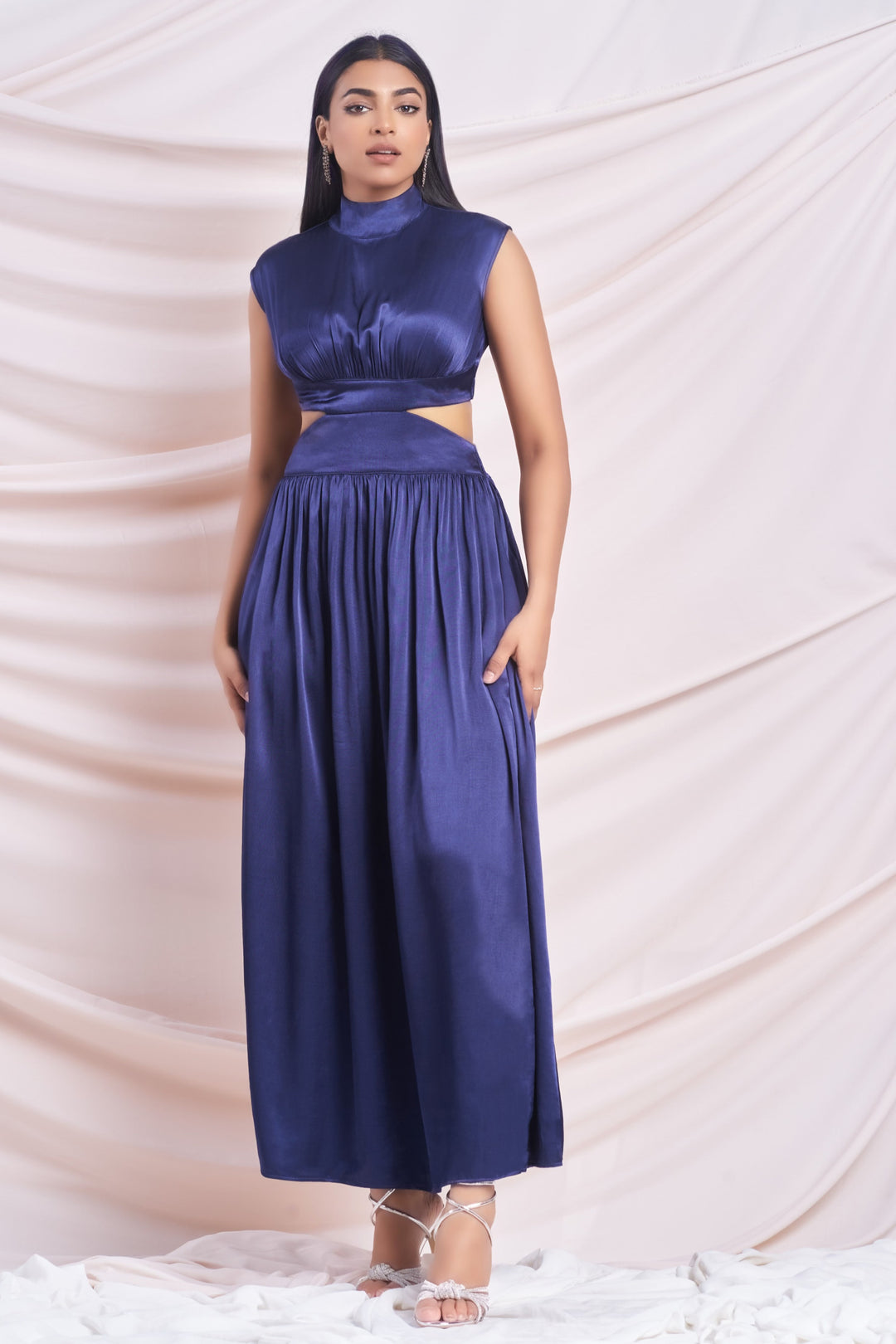 Navy Satin Cut-Out Maxi Dress