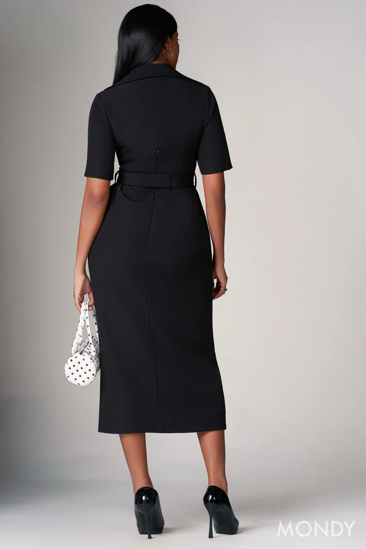 Belted V Neck Midi Dress