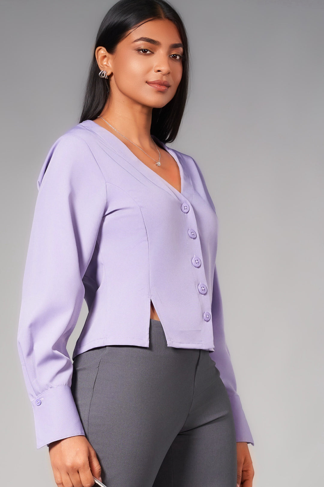 Front Button V Neck Top