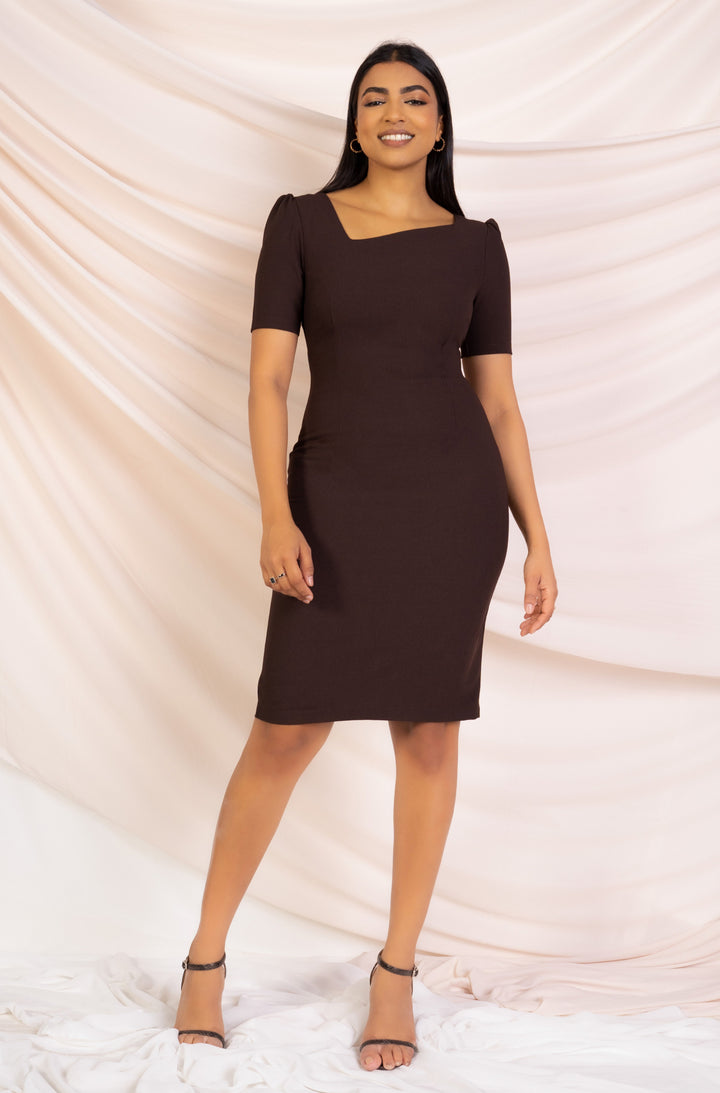 Brown Neckline Detail Sheath Dress