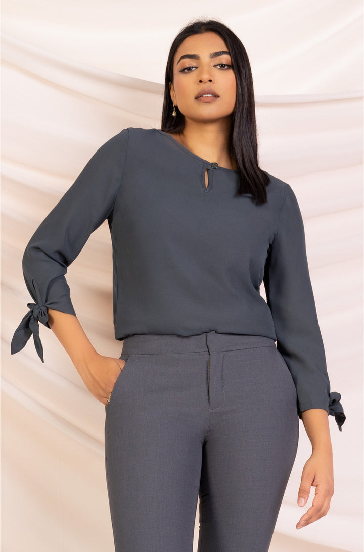Grey Sleeve Tie Detail Top