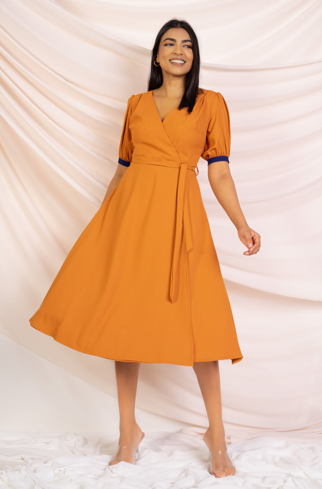 Orange Wrap Style A-line Midi Dress