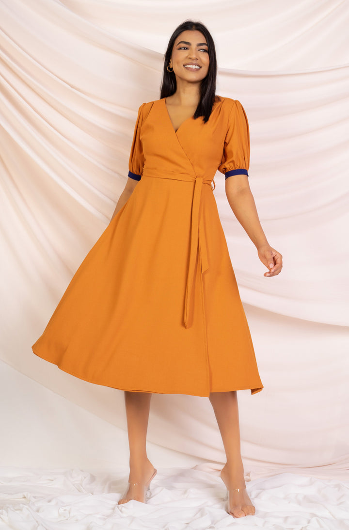 Orange Wrap Style A-line Midi Dress