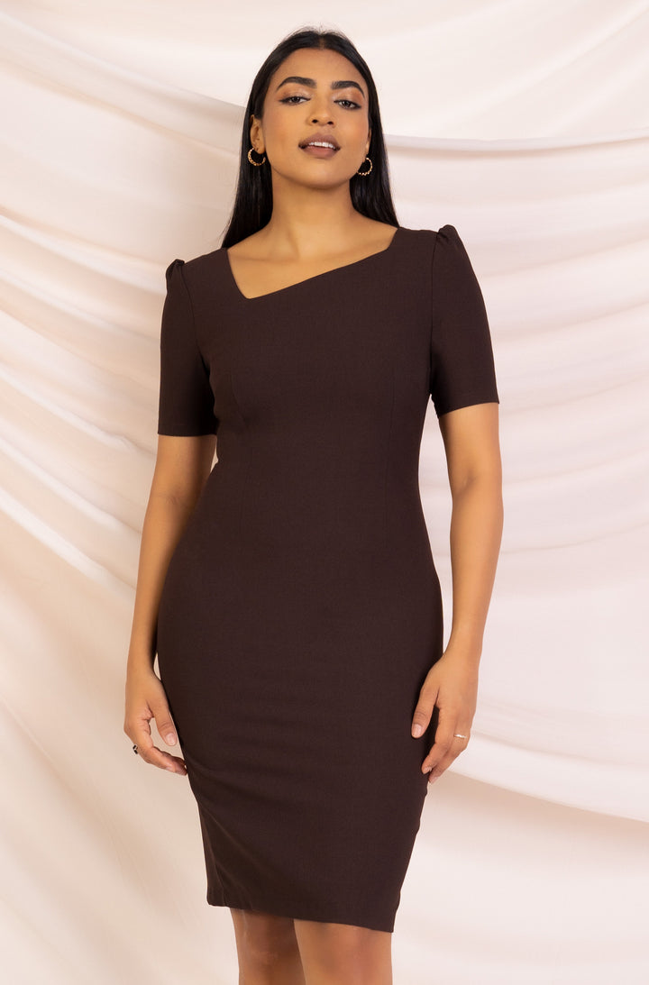Brown Neckline Detail Sheath Dress