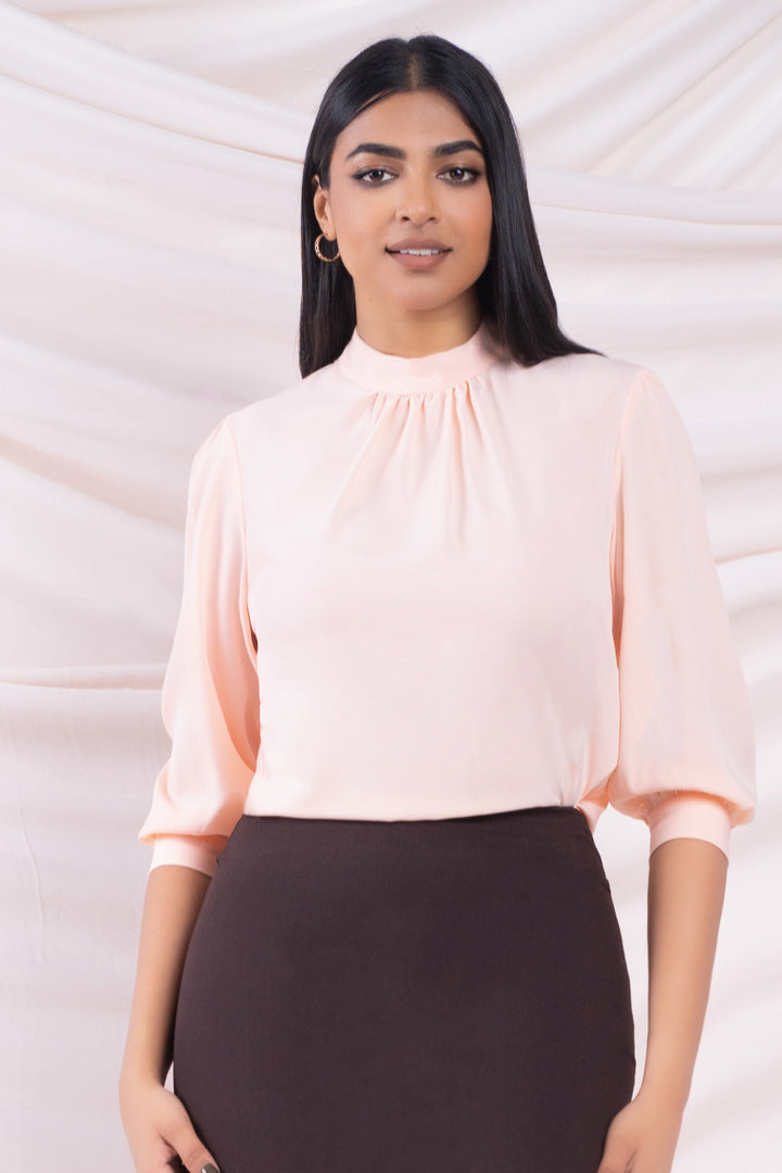 Peach High Neck Puff Sleeve Top